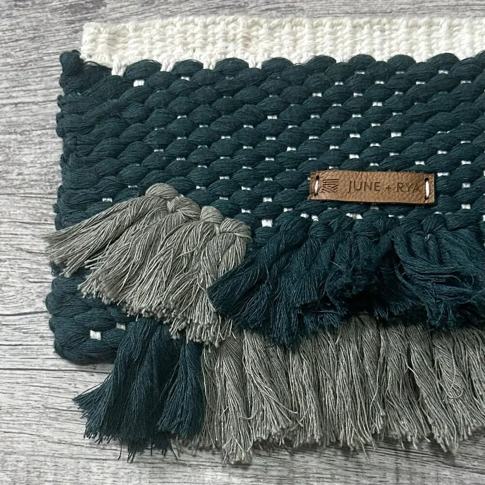 June + Rya Handwoven Boho Small Clutch Bag W/ Hand Strap Zippered Green Cotton
